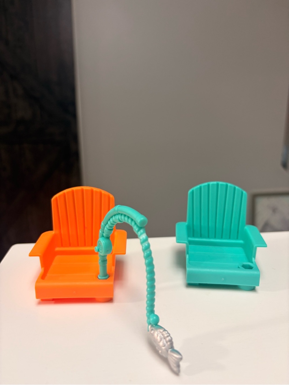 Fisher Price Little People Orange & Teal camping Chairs with fishing rod